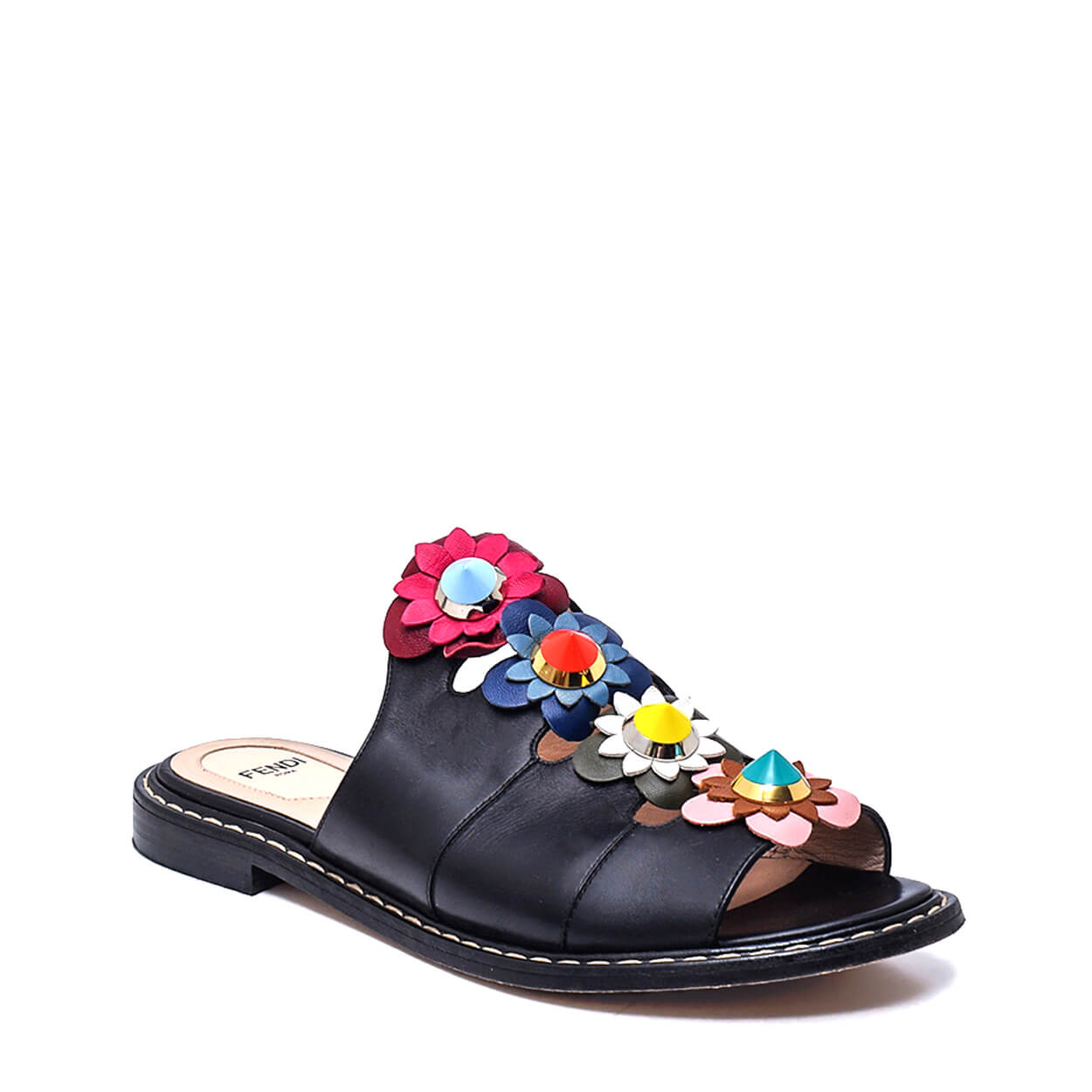 Fendi - Black Floral Leather Slipper 37.5